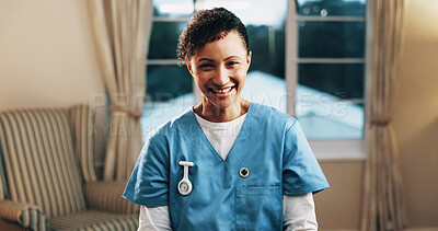 Buy stock photo Portrait, nurse and happy with homecare career for medical support, service pride or about us. Healthcare, mature woman and smile in house for assisted living, professional caregiver and patient care