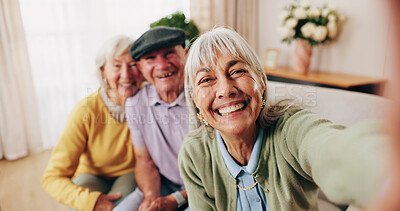 Buy stock photo Portrait, selfie or smile of senior people in retirement home together for bonding or memories. Community, happy or photograph POV with group of elderly friends in apartment for social media or visit