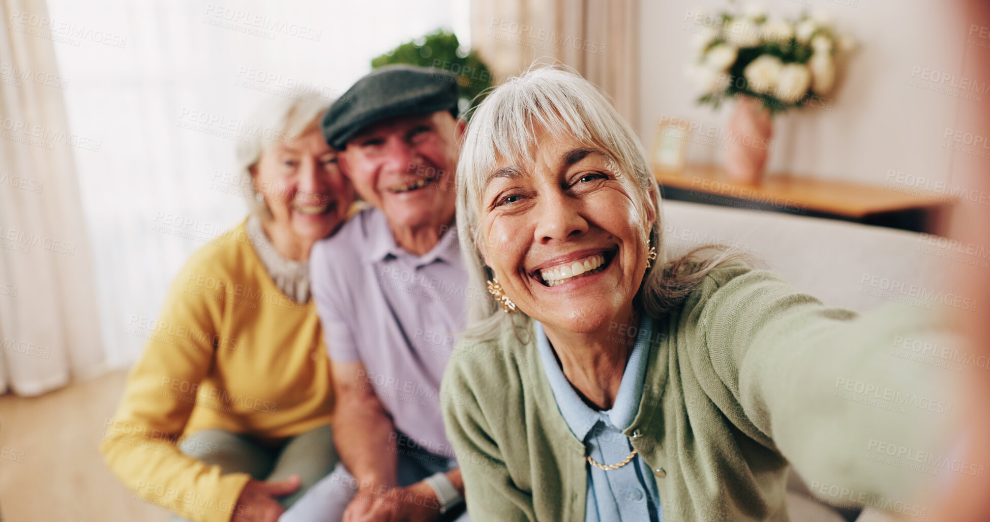 Buy stock photo Portrait, selfie or smile of senior people in retirement home together for bonding or memories. Community, happy or photograph POV with group of elderly friends in apartment for social media or visit