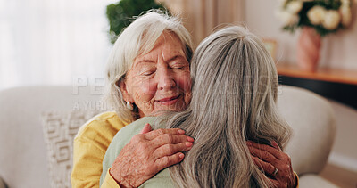 Buy stock photo Friends, hug and love with old women in home for bonding, good news or retirement. Happiness, support and social reunion with senior people in living room for embrace, smile and care in house
