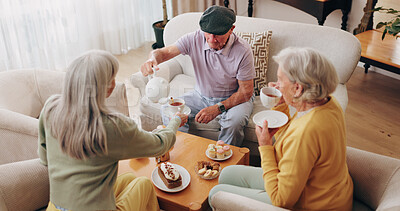 Buy stock photo Friends, tea party and support with old people in home for bonding, retirement and together. Drinks, relax and social reunion with senior group in living room for breakfast, visit and care in house