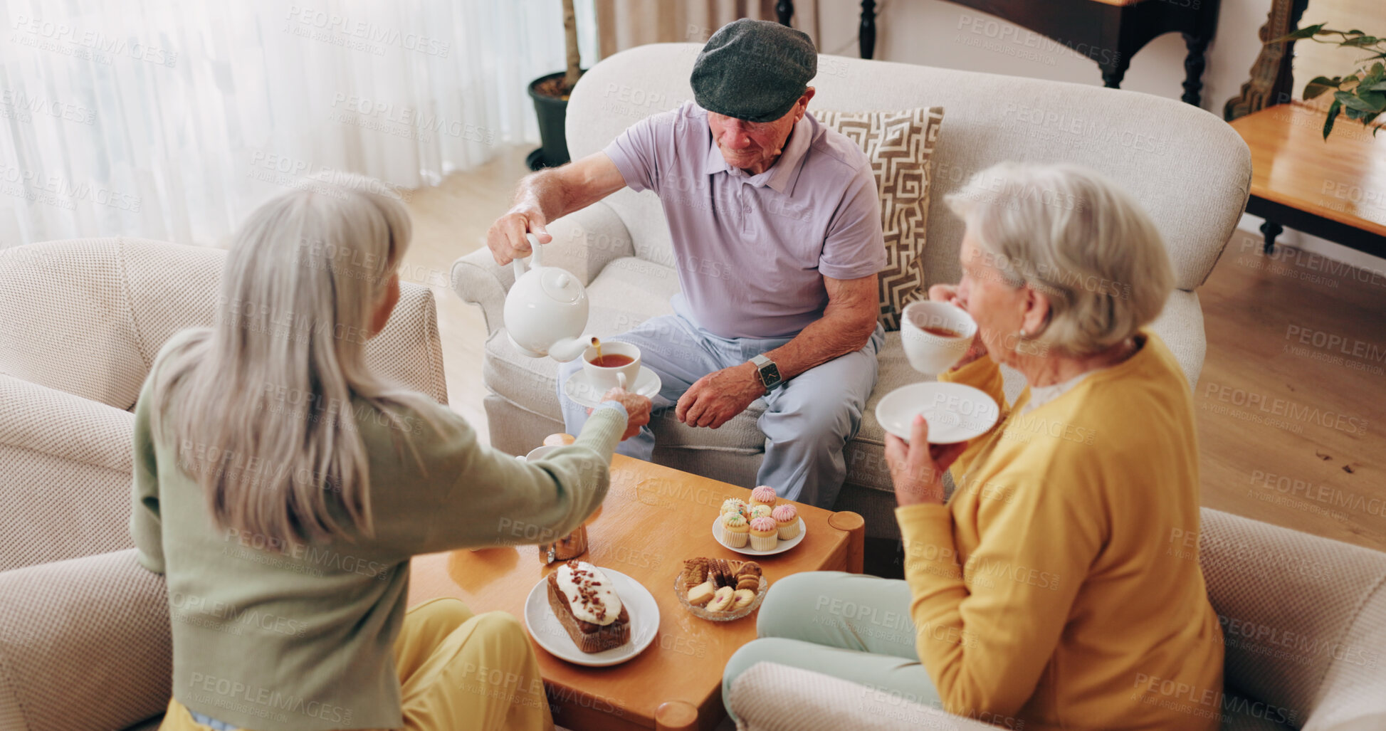 Buy stock photo Friends, tea party and support with old people in home for bonding, retirement and together. Drinks, relax and social reunion with senior group in living room for breakfast, visit and care in house