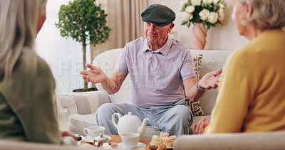 Buy stock photo Friends, tea party and chat with old people in home for bonding, retirement and together. Drinks, relax and social reunion with senior group in living room for breakfast, gossip and visit in house