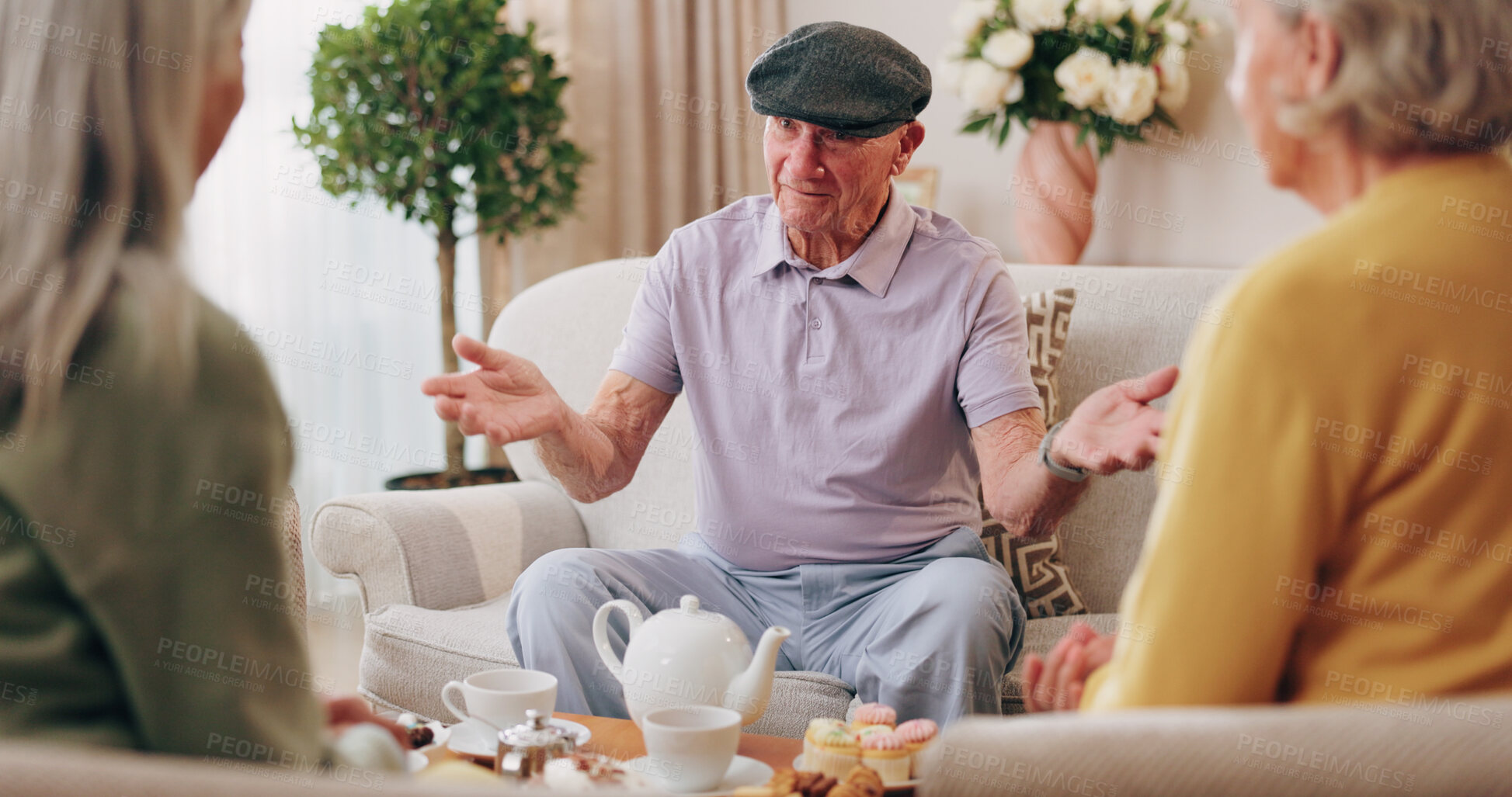 Buy stock photo Friends, tea party and chat with old people in home for bonding, retirement and together. Drinks, relax and social reunion with senior group in living room for breakfast, gossip and visit in house