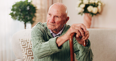 Buy stock photo Cane, relax and thinking with old man on sofa in living room of home for retirement or wellness. Break, nostalgia and walking stick with senior in apartment for contemplation memories or reflection