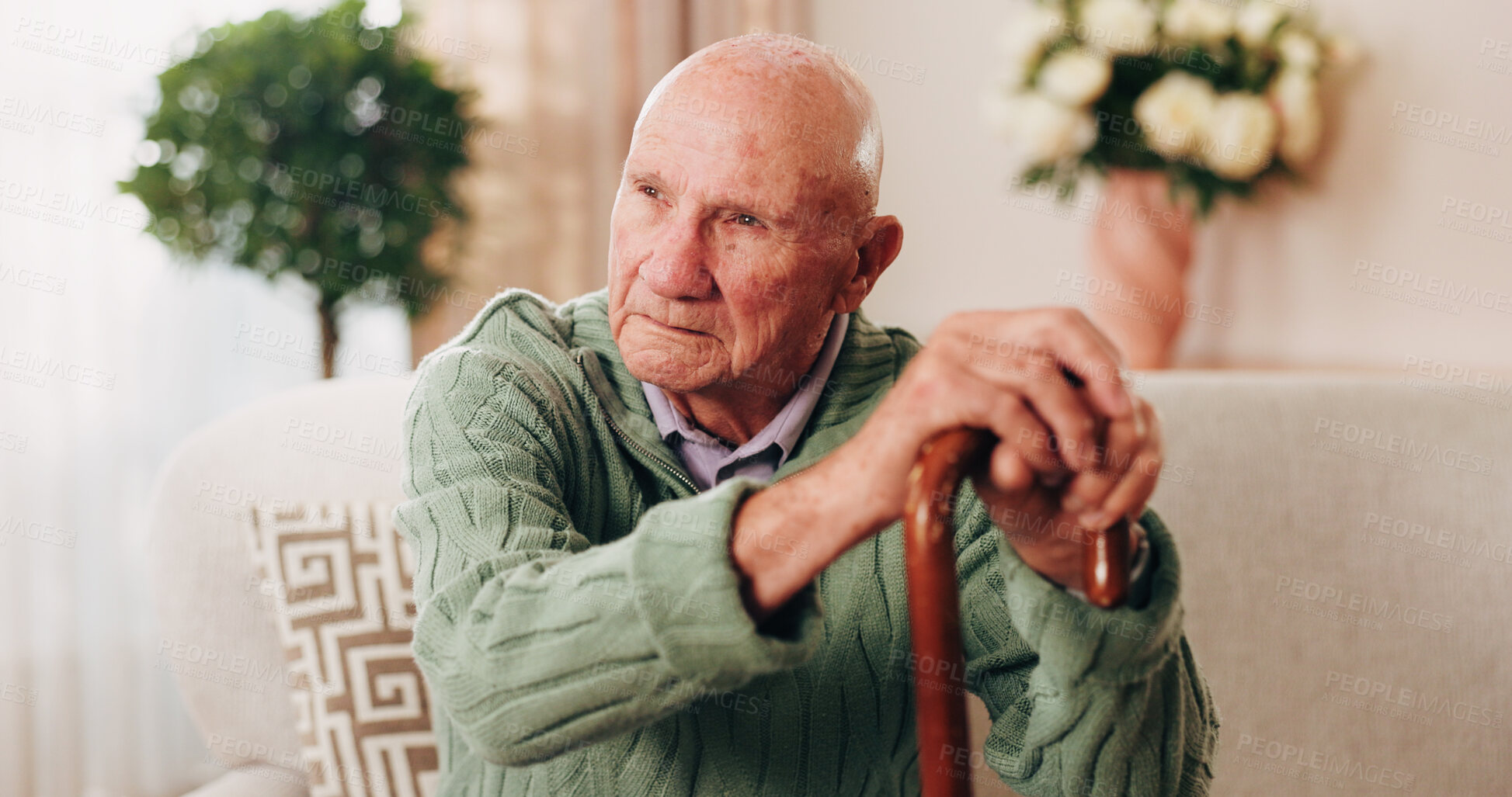 Buy stock photo Cane, relax and thinking with old man on sofa in living room of home for retirement or wellness. Break, nostalgia and walking stick with senior in apartment for contemplation memories or reflection