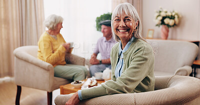 Buy stock photo Happy, portrait and woman with senior friends for visit, reunion and hangout for bonding on weekend. Smile, retirement and elderly people on sofa for conversation, relax and gathering in nursing home