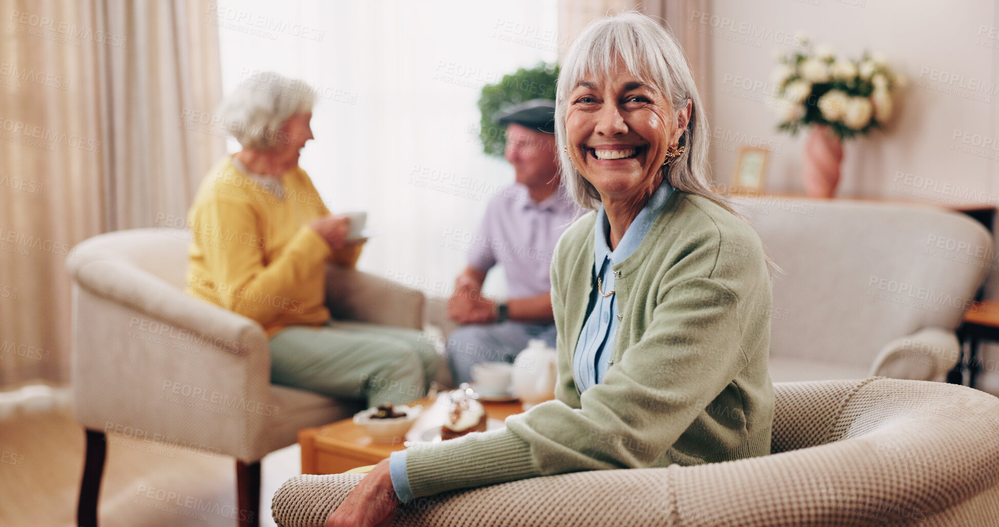 Buy stock photo Happy, portrait and woman with senior friends for visit, reunion and hangout for bonding on weekend. Smile, retirement and elderly people on sofa for conversation, relax and gathering in nursing home