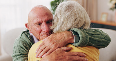 Buy stock photo Love, hug and senior couple in home for care, relationship security and loyalty with partner. Man, woman and embrace on sofa with trust, commitment and connection together with support in retirement