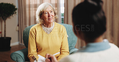 Buy stock photo Therapy, talking and elderly woman in office for grief counseling, healing and help for mental health. Retirement anxiety, psychologist and senior person in session for support, notes and evaluation