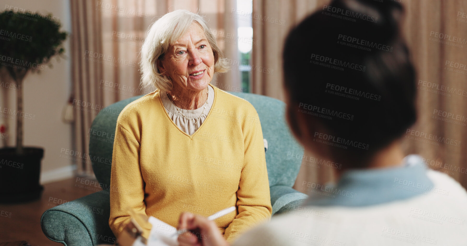 Buy stock photo Therapy, talking and elderly woman in office for grief counseling, healing and help for mental health. Retirement anxiety, psychologist and senior person in session for support, notes and evaluation
