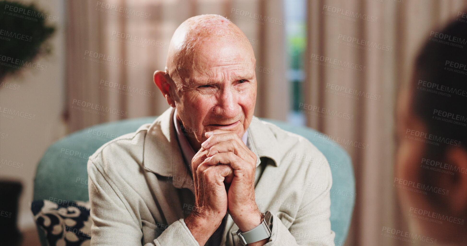 Buy stock photo Old man, mental health and patient in consultation, therapy assessment and listening for grief support. Senior person, talk and help at psychology session, loss counseling or rehabilitation at office
