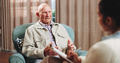 Buy stock photo Therapy, talking and senior man in office for grief counseling, healing and help for mental health. Retirement, psychologist and elderly person in session for support, notes and explain trauma