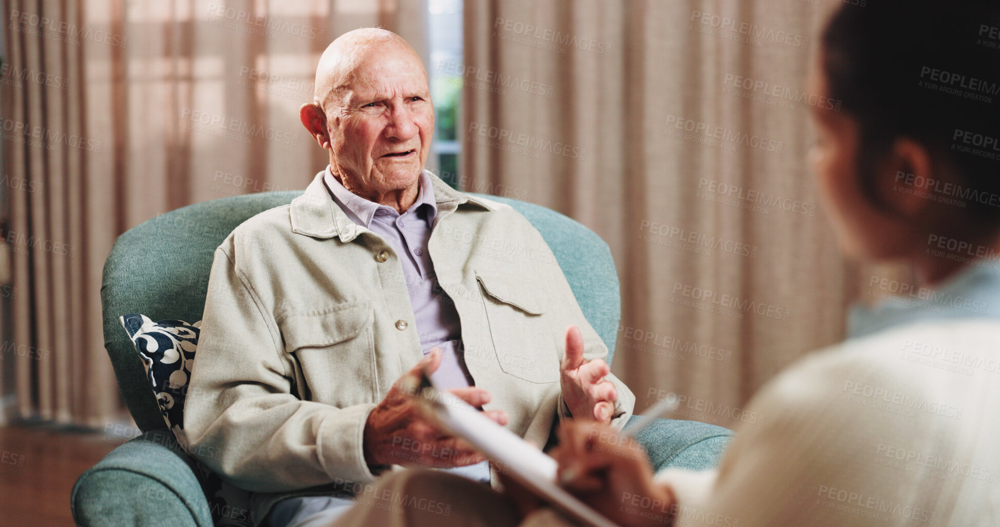 Buy stock photo Therapy, talking and senior man in office for grief counseling, healing and help for mental health. Retirement, psychologist and elderly person in session for support, notes and explain trauma