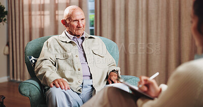Buy stock photo Old man, mental health and consultation with psychologist, counseling assessment or grief support. Senior patient, listen or help at psychology session, loss therapy or rehabilitation notes at office