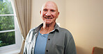 Portrait, laugh and senior man in home, pride and rest with positive attitude on break or retirement. Happy, pensioner and elderly person with smile on weekend, chilling and comfortable in house