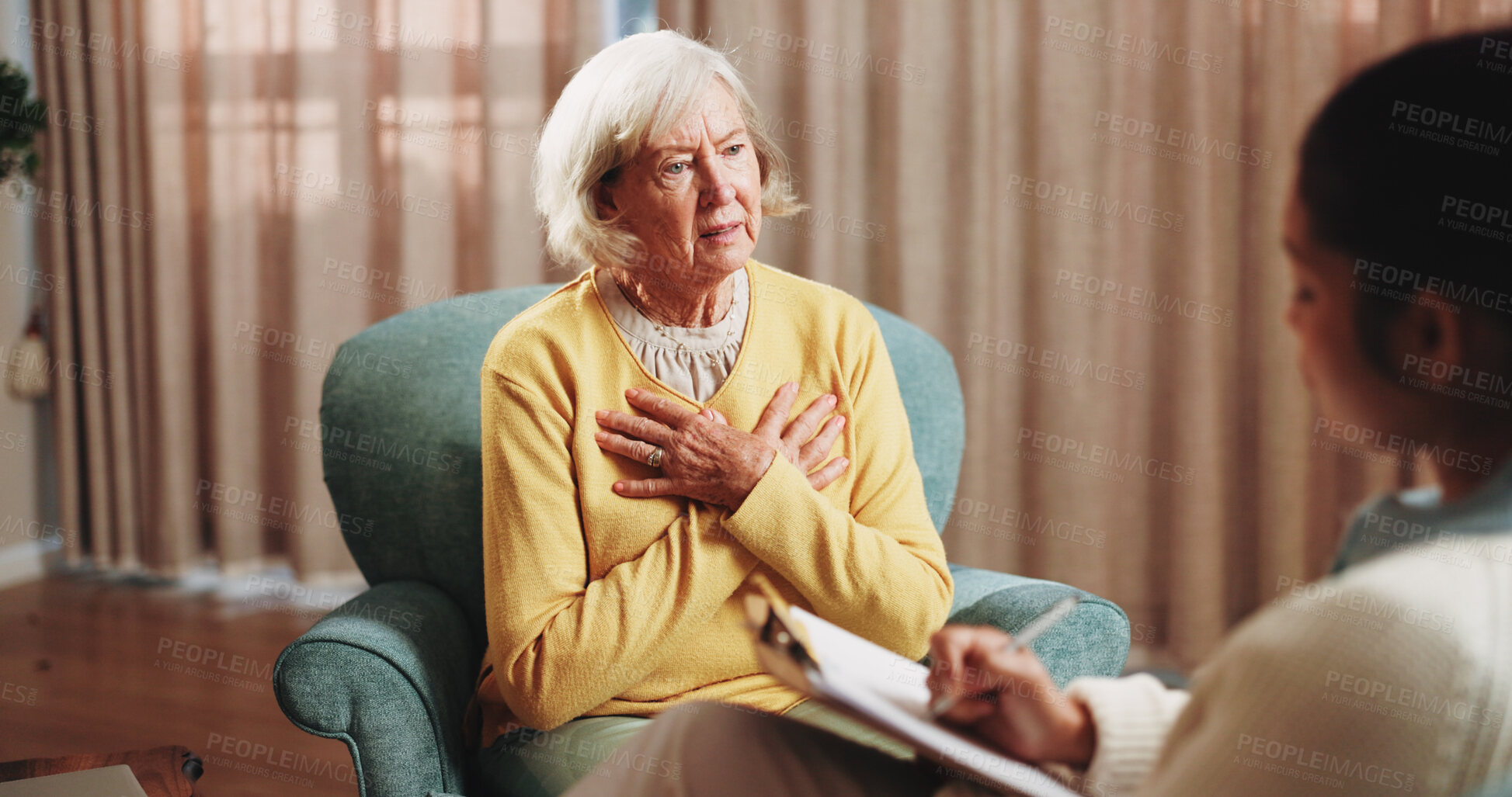Buy stock photo Mental health, talking and senior woman in office for grief counseling, healing and help in therapy. Retirement, psychologist and elderly person in session for support, notes and explain trauma