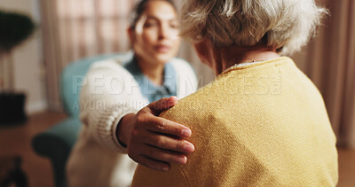 Buy stock photo Therapy, woman and shoulder touch for empathy, support or care in counseling session in retirement. Help, comfort and trust with hand for psychology, compassion or consoling senior patient in office