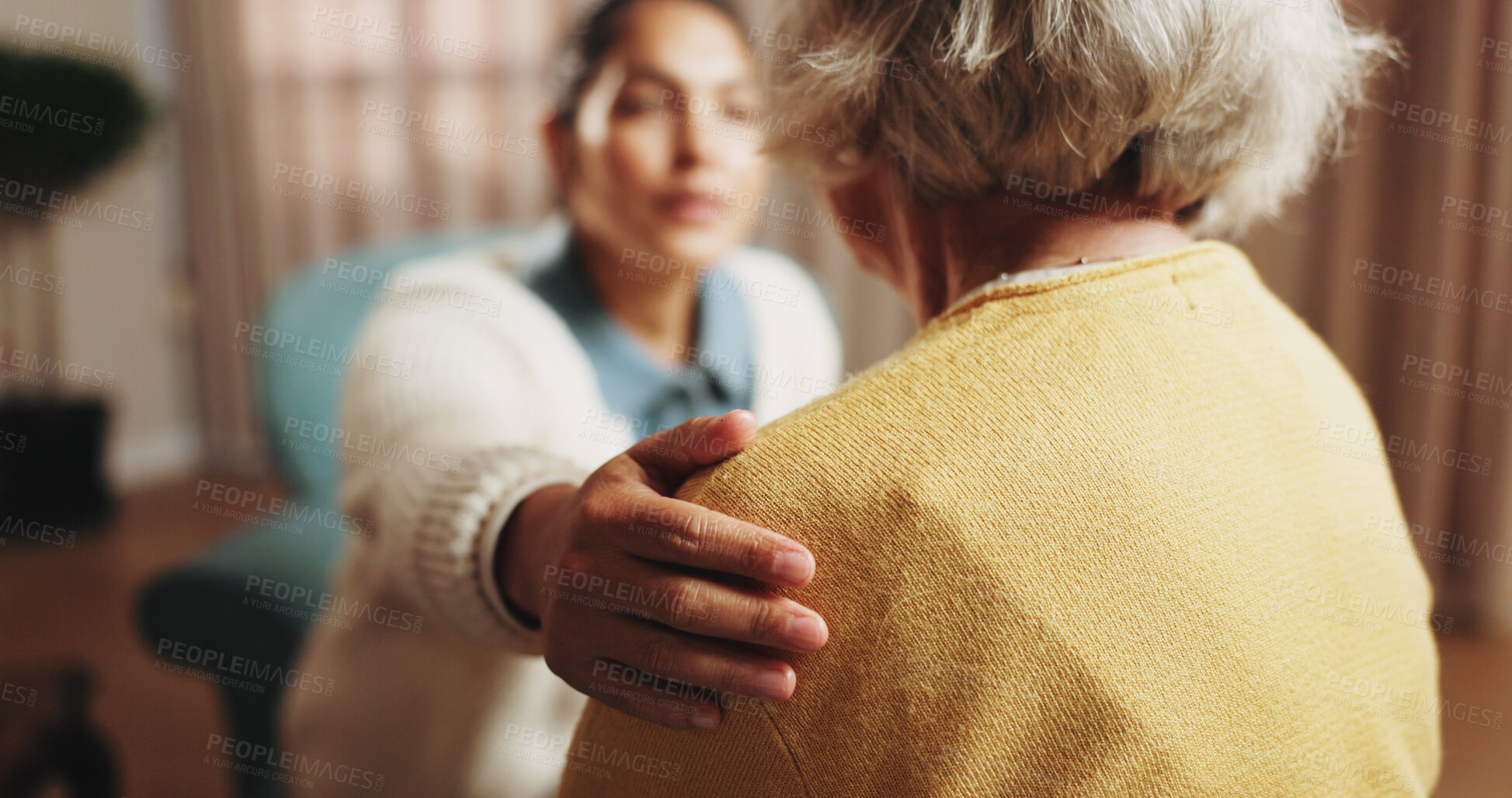 Buy stock photo Therapy, woman and shoulder touch for empathy, support or care in counseling session in retirement. Help, comfort and trust with hand for psychology, compassion or consoling senior patient in office