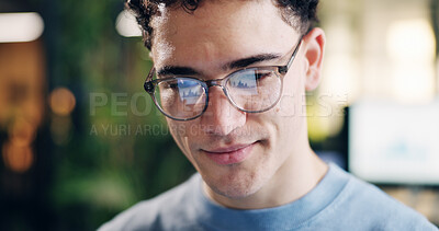 Buy stock photo Glasses, man and data in office with reflection of screen, performance metrics or engagement analytics. Creative, social media analyst and person with eyewear, review graphs and track campaign stats