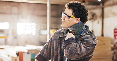 Buy stock photo Carpentry, injury and man in workshop with neck pain for manufacturing, burnout and industry. Person, hurt and warehouse with strain for custom or handmade woodworking, dislocation and spinal