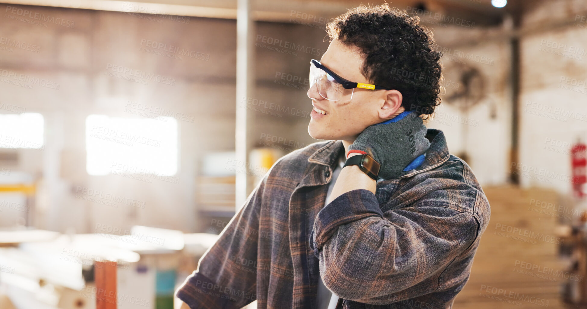 Buy stock photo Carpentry, injury and man in workshop with neck pain for manufacturing, burnout and industry. Person, hurt and warehouse with strain for custom or handmade woodworking, dislocation and spinal