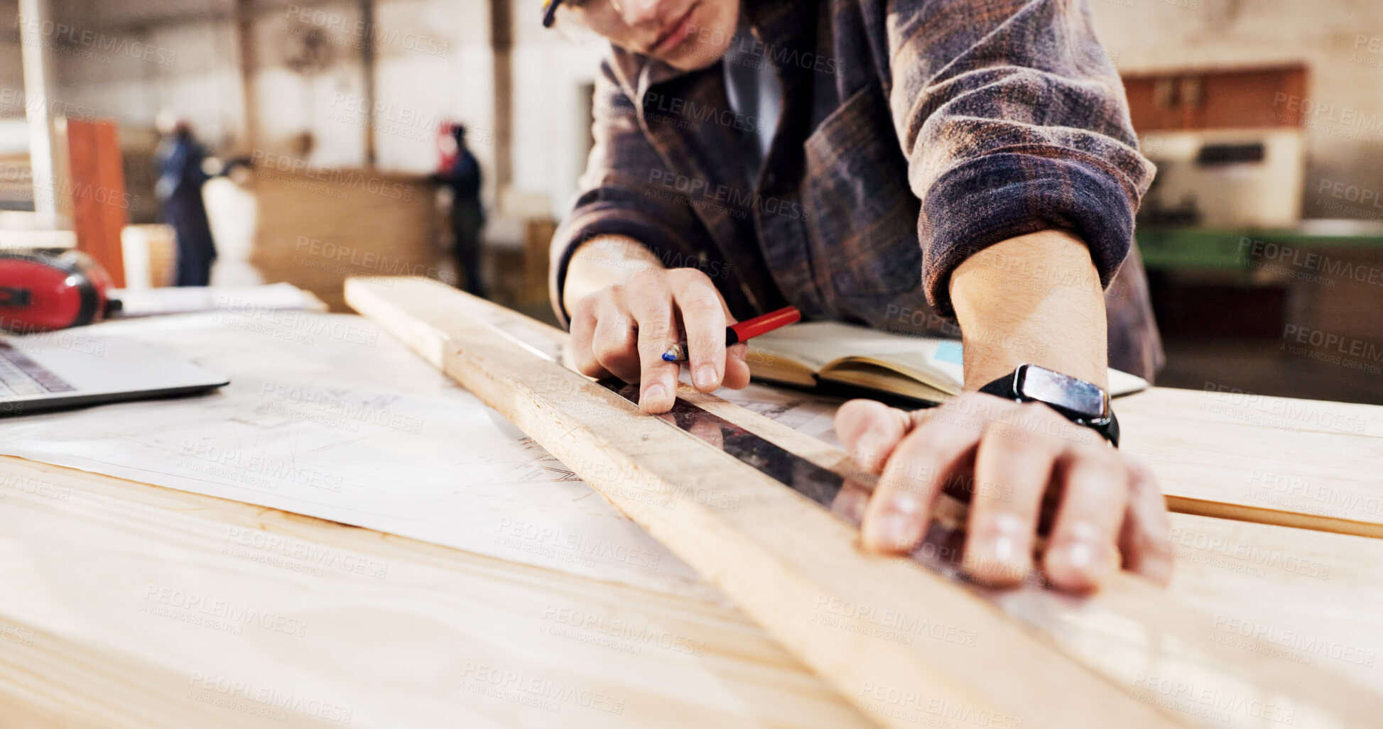 Buy stock photo Carpentry, measure and hands in workshop with wood for manufacturing, productivity and production. Man, ruler and warehouse with pencil for custom or handmade woodworking, workbench and timber