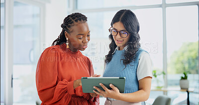 Buy stock photo Women, tablet and creative feedback with meeting for update, report and interior designer project. Business people, advice and discussion or process for partnership, collaboration and brainstorming