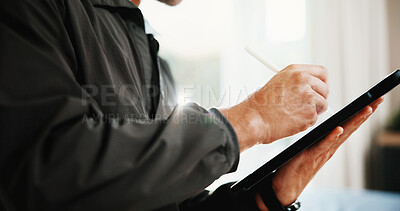 Buy stock photo Pen, tablet and hands of business person writing in office for draft, editing and online project. Creative editor, research and employee with stylus on digital tech for planning, agency or networking