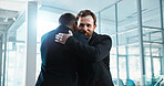 Hug, team and thank you with business people in office for congratulations, job promotion and pride. Achievement, celebration and partnership with employees in agency for support, friends and bonus