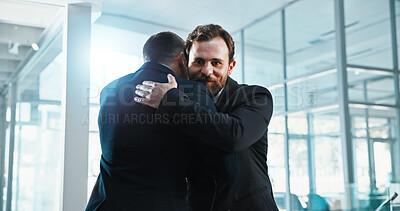 Buy stock photo Hug, team and thank you with business people in office for congratulations, job promotion and pride. Achievement, celebration and partnership with employees in agency for support, friends and bonus