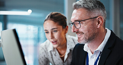Buy stock photo Team, computer or man in office with smile for finance review, equity report or training with intern. Tech, coaching or happy people with mature mentor for onboarding, investment system or help