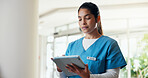 Tablet, woman and nurse in clinic with research for patient information, schedule or telehealth. Digital technology, appointment and Asian healthcare worker on app for medical service in hospital.