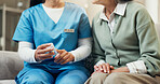 Nurse, hands and old woman in hospital with pills, medical instructions and discussion for health. Senior person, healthcare worker and medicine in clinic with prescription, drugs and recommendation.