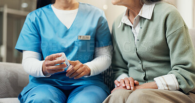 Buy stock photo Nurse, hands and old woman in hospital with pills, medical instructions and discussion for health. Senior person, healthcare worker and medicine in clinic with prescription, drugs and recommendation.