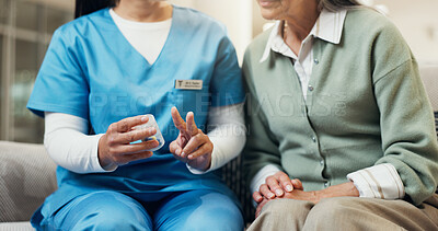 Buy stock photo Pills, hands and nurse with old woman in home to explain prescription, medicine dose or advice. Healthcare, retirement and people with medication, antibiotics and tablets for consulting, help or care