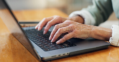 Buy stock photo Hands, old woman and typing in home with laptop, research and finance report for online banking. Senior person, email and tech at house for loan application, retirement benefits and financial funding
