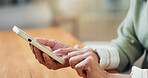 Hands, typing and old woman in home with phone, retirement plan and AI chatbot on insurance website. Senior person, scroll and tech in house with browsing, internet and mobile app for policy cover.