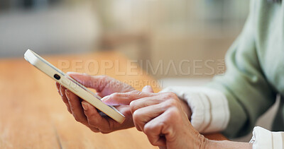 Buy stock photo Hands, typing and old woman in home with phone, retirement plan and AI chatbot on insurance website. Senior person, scroll and tech in house with browsing, internet and mobile app for policy cover.