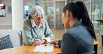 Paperwork, consultation and old woman in office with insurance agent, explain application and advice. Senior person, broker and discussion in appointment for document,  policy cover or recommendation