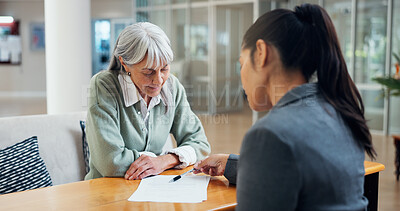 Buy stock photo Paperwork, consultation and old woman in office with insurance agent, explain application and advice. Senior person, broker and discussion in appointment for document,  policy cover or recommendation