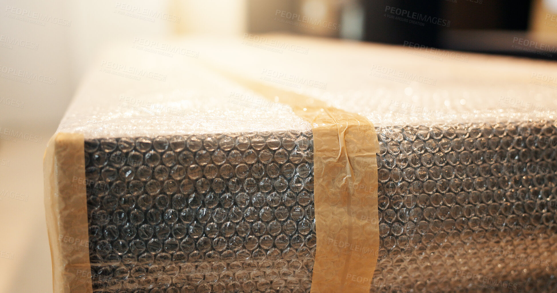 Buy stock photo Box, packaging and stock with bubble wrap for ecommerce, inventory and shipping preparation. Parcel, tape or fragile item for damage prevention, package dispatch and plastic safeguarding for delivery
