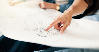 Buy stock photo Hands, couple and blueprint at house for renovation, drawing and review layout for diy project. People, point and document with floor plan, remodeling sketch and interior design for home improvement