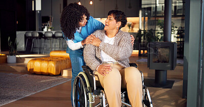 Buy stock photo Hug, nurse and senior woman in wheelchair at retirement home for medical checkup. Comfort, rehabilitation and caregiver embracing elderly person with disability for healthcare consultation in house.