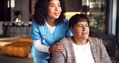 Buy stock photo Thinking, nurse and senior woman in home with reflection, remember or memory in living room. Checkup, nostalgia and caregiver with elderly person for decision with support in healthcare service.