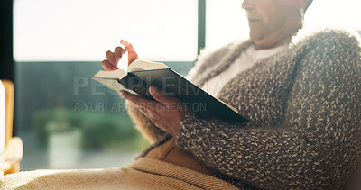 Buy stock photo Religion, reading and hands in house with bible, theology and sacred text with spiritual learning. Christian, insight and person with holy book, scripture study and wisdom in spirituality guidance.