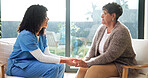 Holding hands, advice and nurse with senior woman in retirement home for medical checkup. Comfort, conversation and caregiver with elderly patient for healthcare service at consultation in house.
