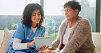 Senior, woman and caregiver in home with tablet, wellness discussion and good news for health checkup. Happy, pensioner and person in house with nurse, tech and positive feedback for medical report.