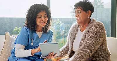 Buy stock photo Senior, woman and caregiver in home with tablet, wellness discussion and good news for health checkup. Happy, pensioner and person in house with nurse, tech and positive feedback for medical report.