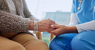 Buy stock photo Holding hands, checkup and nurse with senior woman in house for support in medical diagnosis. Comfort, healthcare and caregiver with elderly patient for compassion in treatment at nursing home.